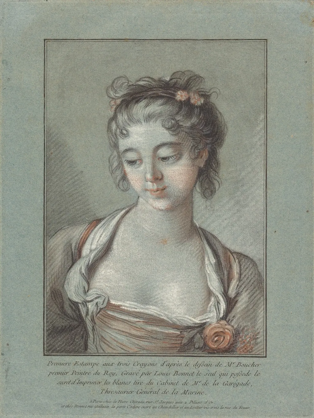 Bust of a Young Woman Looking Down, by Louis-Marin Bonnet, chalk, 1766