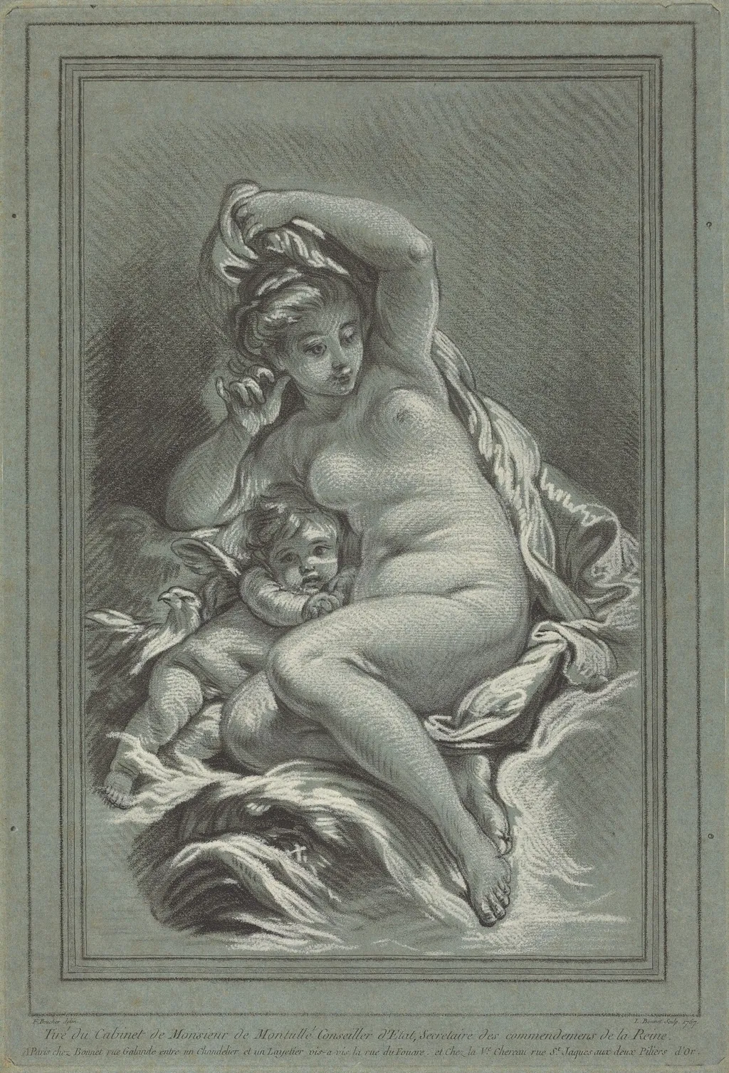 Venus and Cupid on a Dolphin, by Louis-Marin Bonnet, chalk, 1767
