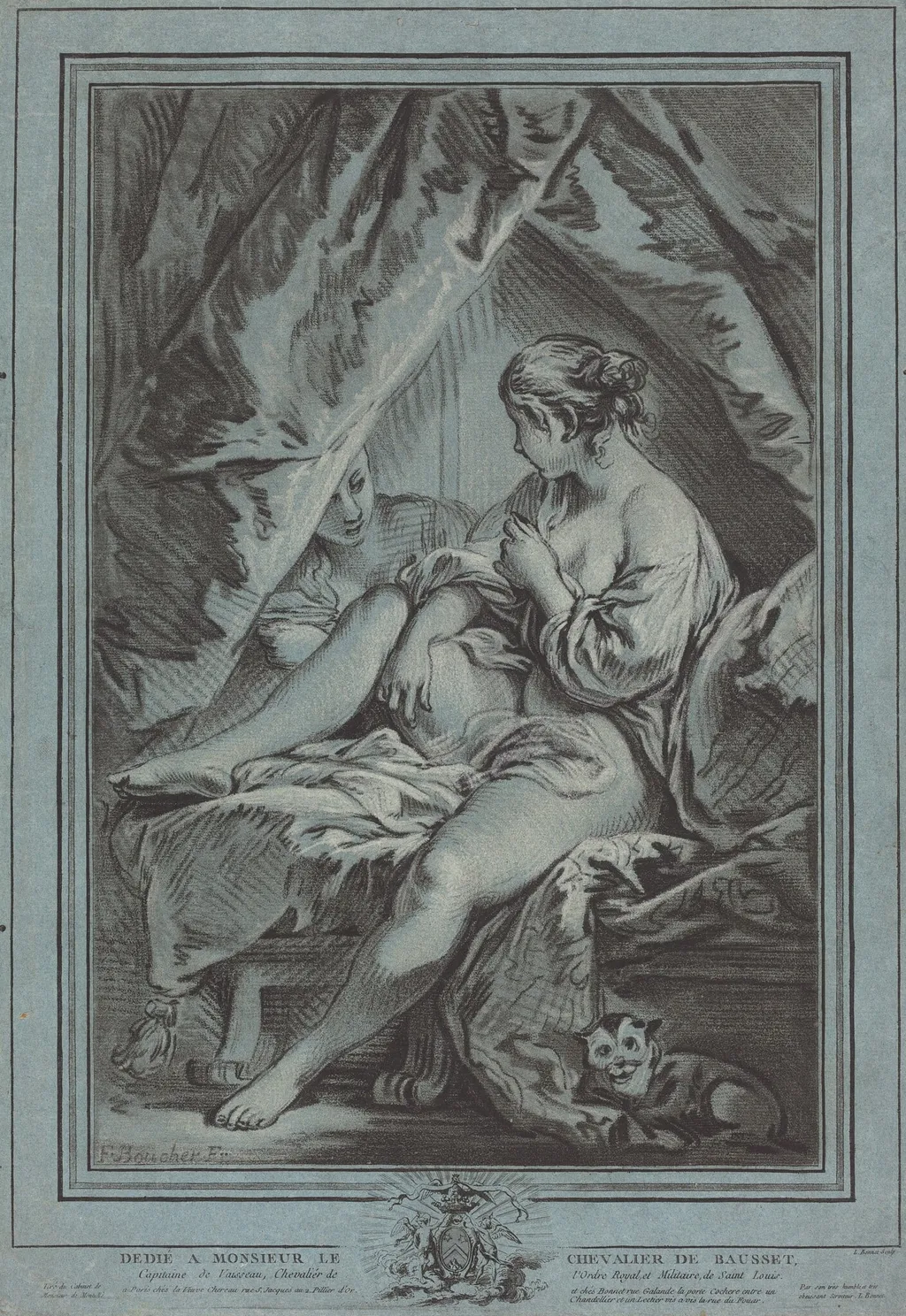 Young Woman Seated on a Bed, by Louis-Marin Bonnet, chalk, 1767