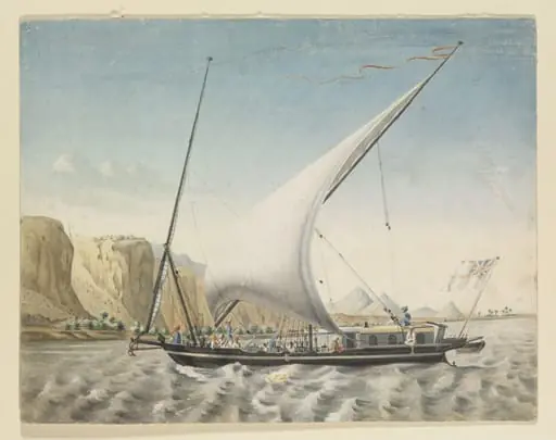 A Canja on the Nile near Qasr Ibrim, Nubia, flying a White Ensign, by Louis Maurice Adolphe Linant de Bellefonds