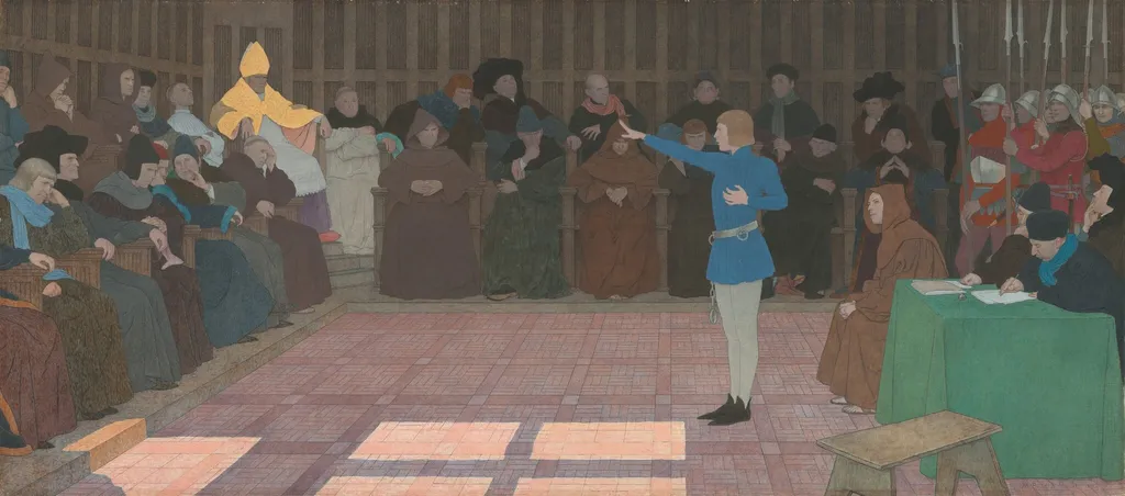 The Trial of Joan of Arc (Joan of Arc series: VI), by Louis Maurice Boutet de Monvel, oil, 1909