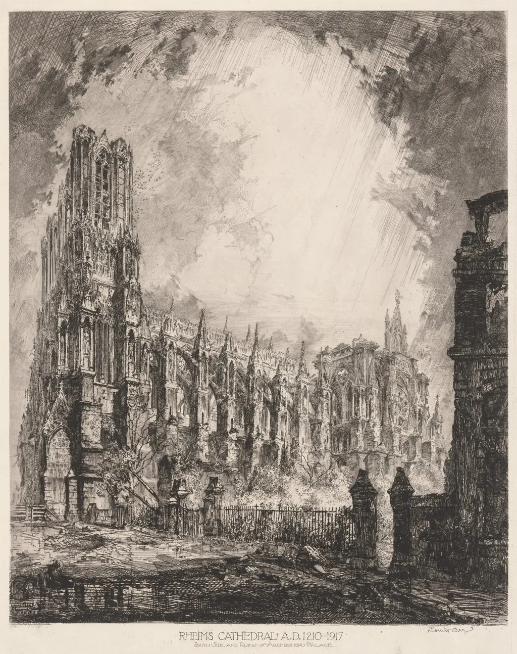 Rheims Cathedral and Ruins of Archbishop's Palace, by Louis Orr, 1920
