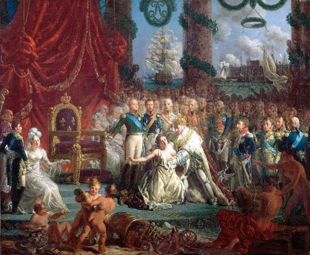 Allégorie du retour des Bourbons le 24 avril 1814 : Louis XVIII relevant la France de ses ruines., by Louis-Philippe Crépin