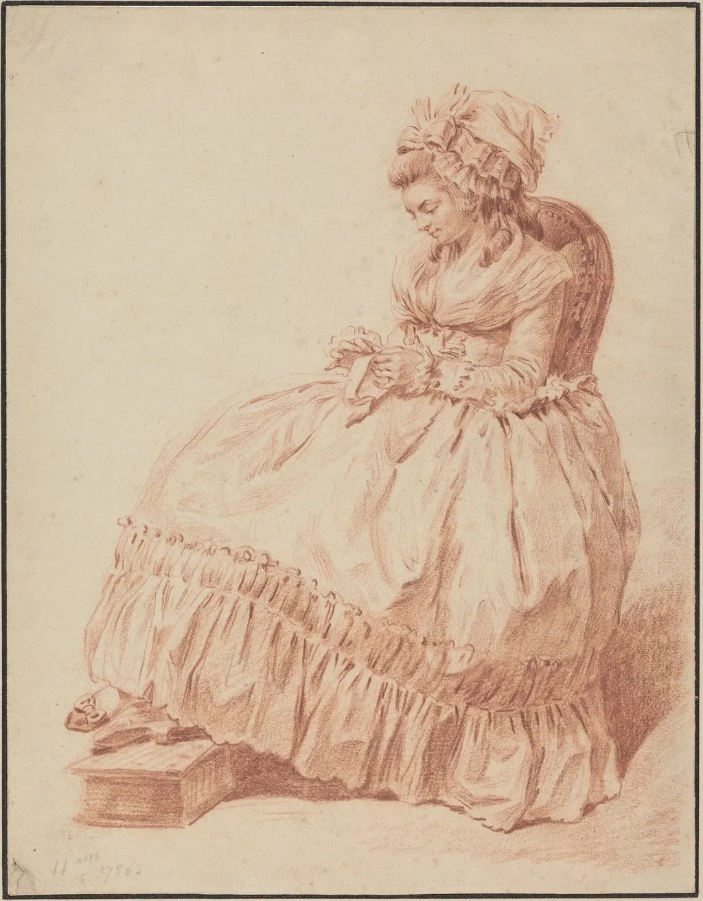 Seated Woman Sewing, by Louis Rolland Trinquesse, chalk, 1788