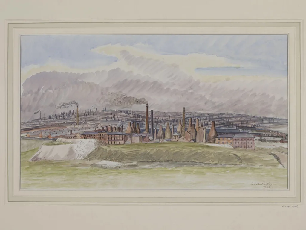 General view of Hanley and Burslem, from near Wolstanton, by Louisa Puller, watercolor, 1943
