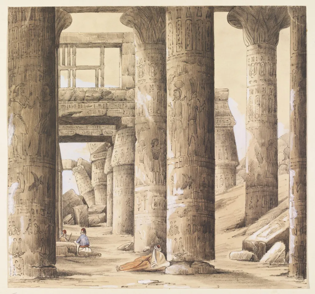 Interior of the Temple of Karnak, Thebes Upper Egypt., by Louisa Tenison, watercolor, 1844