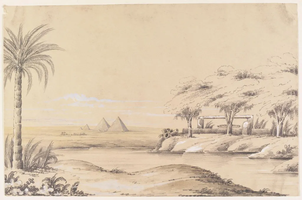 Pyramids of Geezeh. Egypt, by Louisa Tenison, watercolor, 1844