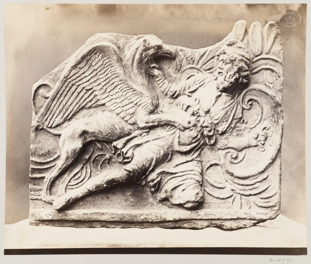 An Arimaspi combating with a Griffin, bas-relief fragment in terra cotta, by Louise Laffon, photographic, 1864