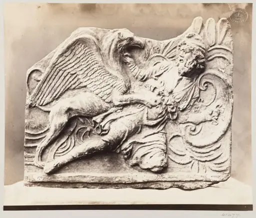 An Arimaspi combating with a Griffin, bas-relief fragment in terra cotta, by Louise Laffon
