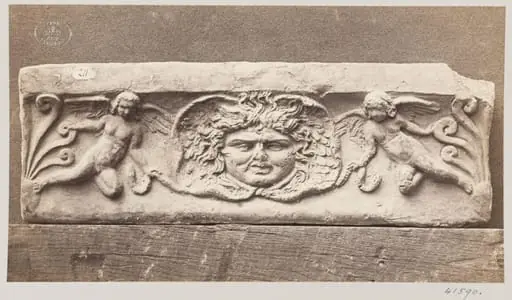 Bas-relief depicting a Gorgon Head in terra cotta, by Louise Laffon