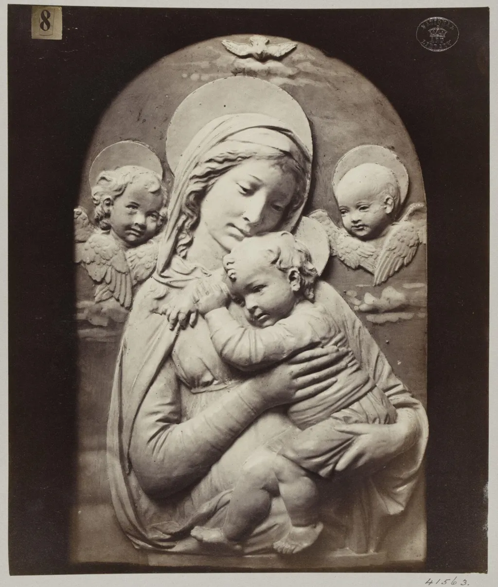 Bas-relief depicting the Virgin and Child in enamelled earthenware, by Louise Laffon, photographic, 1864