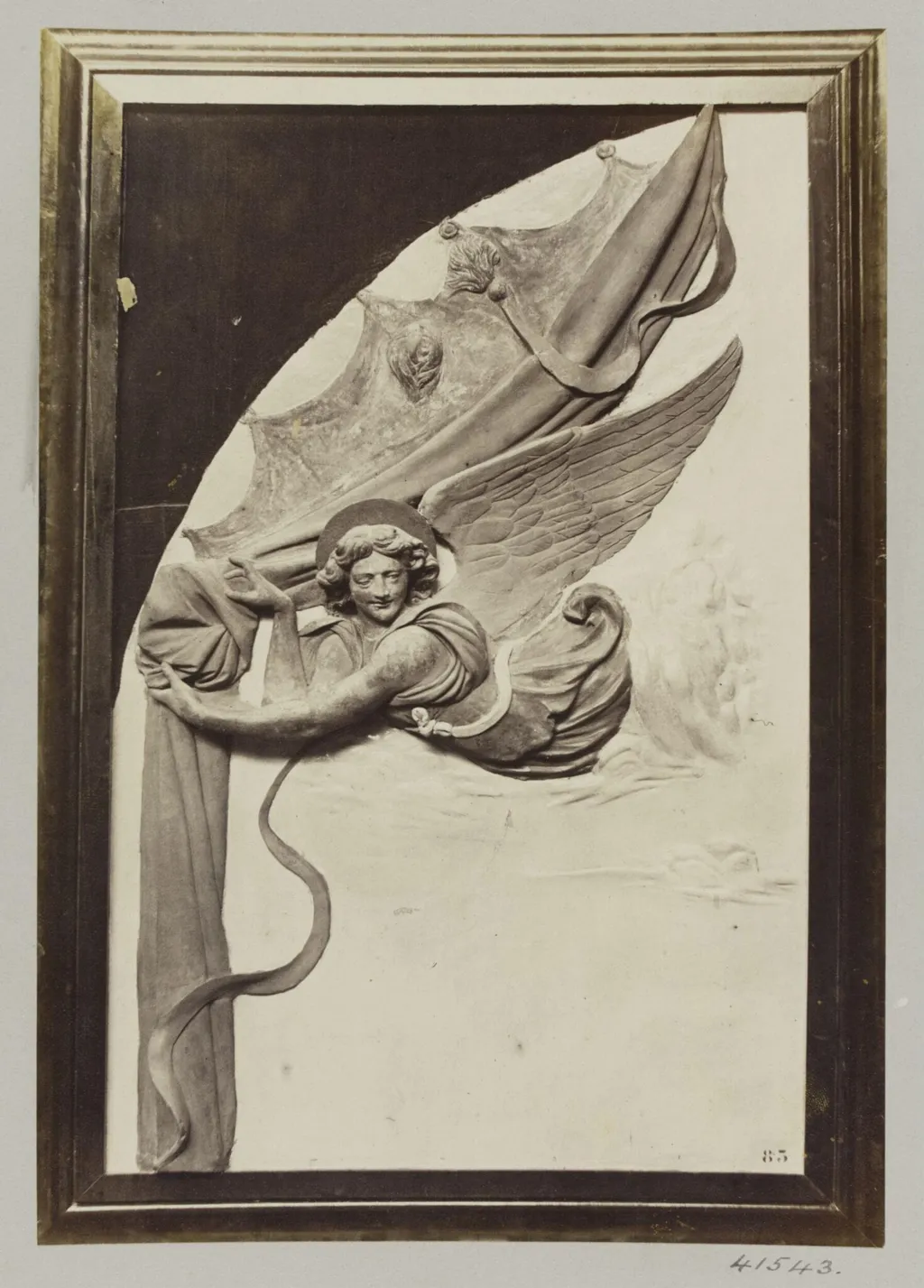 Bas-relief detail depicting an Angel drawing back a curtain in enamelled terra cotta and gilt, by Louise Laffon, photographic, 1864
