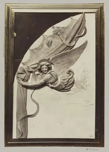 Bas-relief detail depicting an Angel drawing back a curtain in enamelled terra cotta and gilt, by Louise Laffon