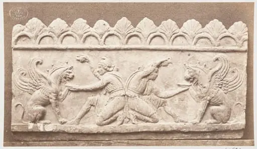 Bas-relief 'Libations of griffons' in terra cotta, by Louise Laffon