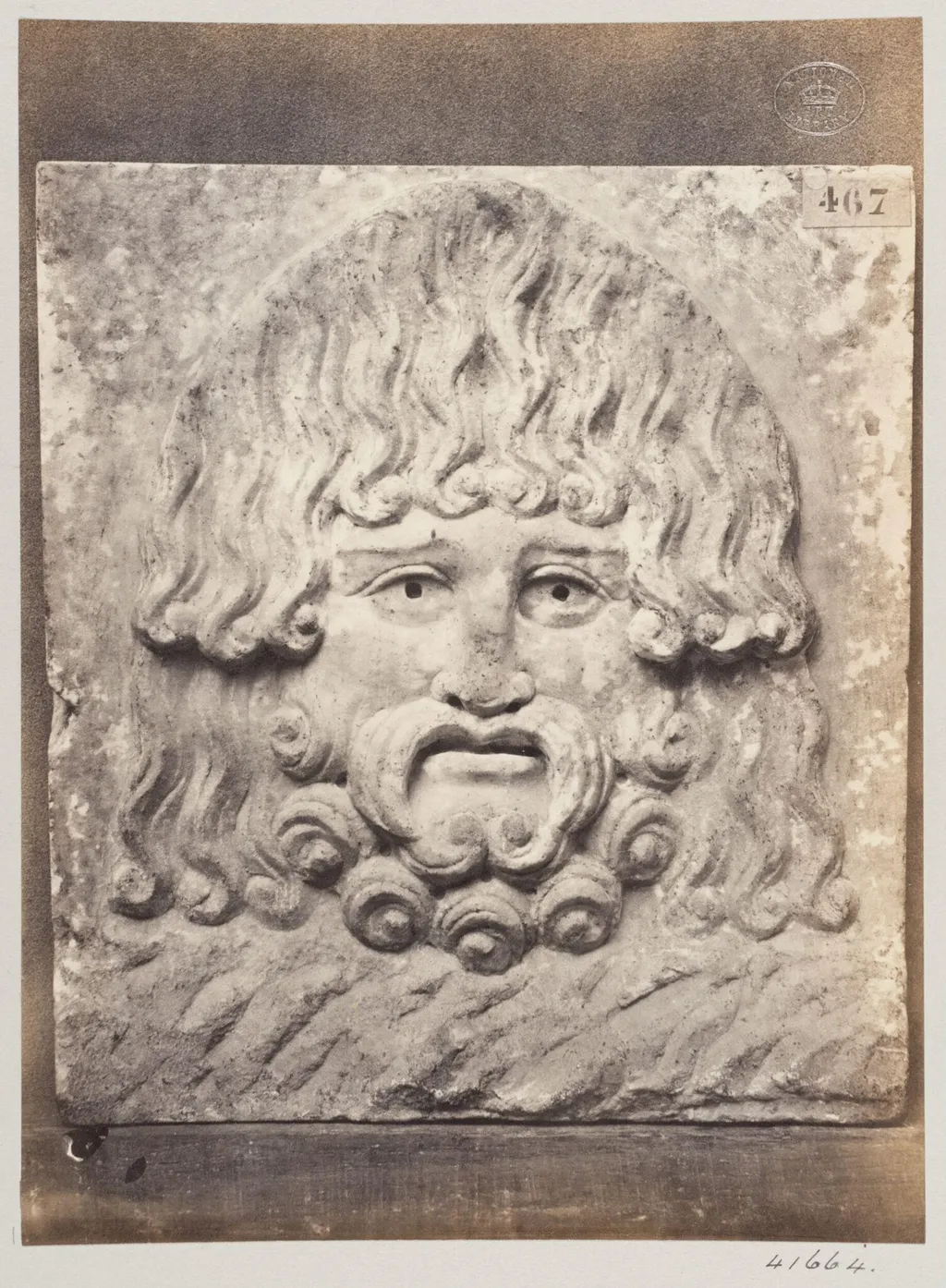 Bas-relief masque of Jupiter Pluvius in marble, by Louise Laffon, photographic, 1864