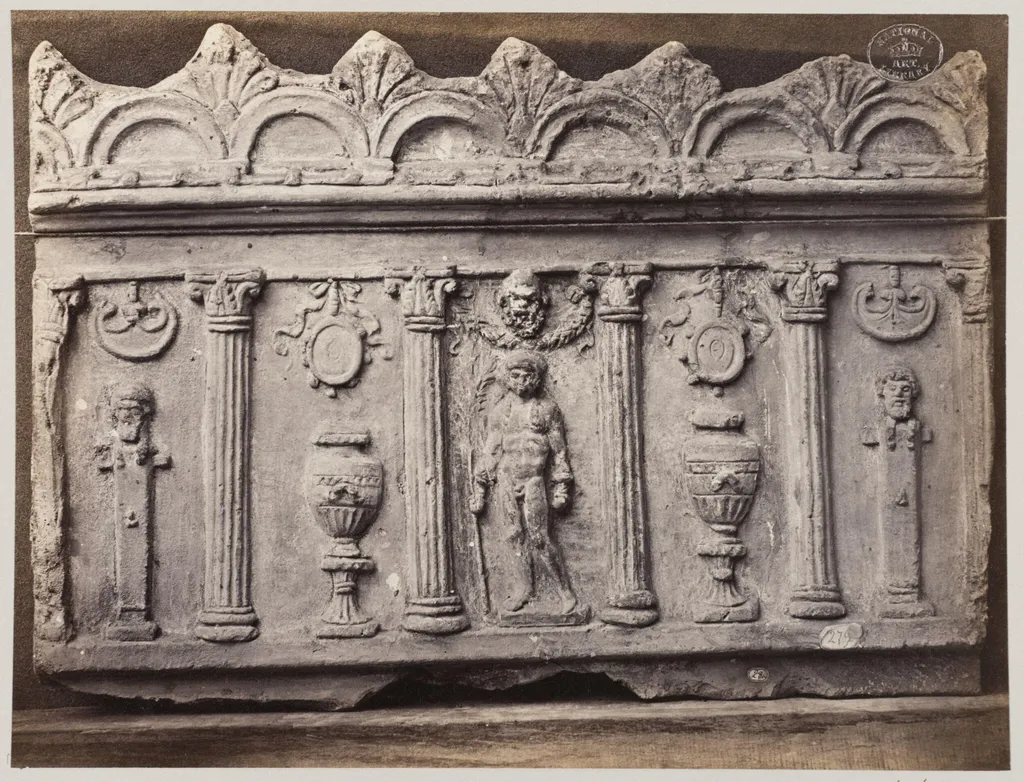 Bas-relief of a figure with bust, vessels and columns in terra cotta, by Louise Laffon, photographic, 1864