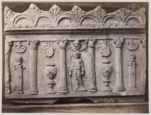 Bas-relief of a figure with bust, vessels and columns in terra cotta, by Louise Laffon