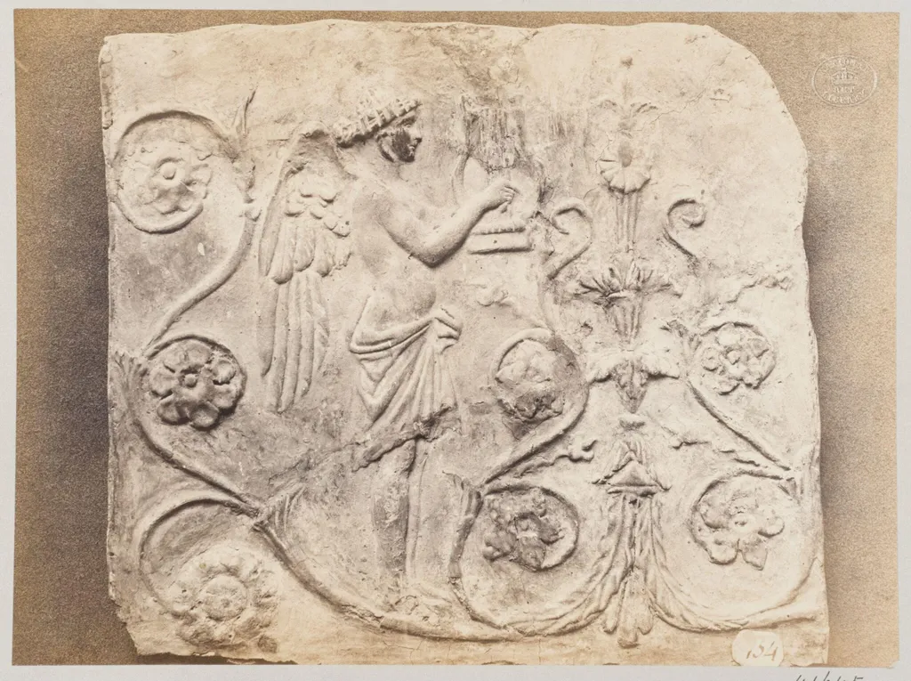Bas-relief of a geni and a lyre in terra cotta, by Louise Laffon, photographic, 1864