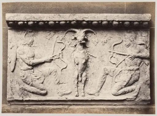 Bas-relief of a goat and two archers in terra cotta, by Louise Laffon