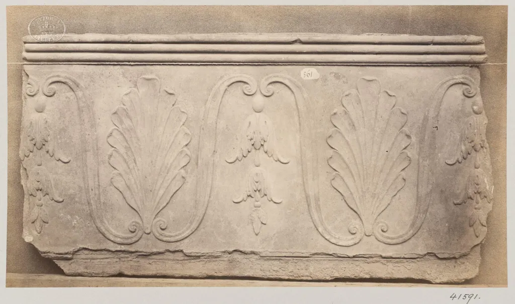 Bas-relief of a portion of a frieze depicting a palmetto and foliage in terra cotta, by Louise Laffon, photographic, 1864