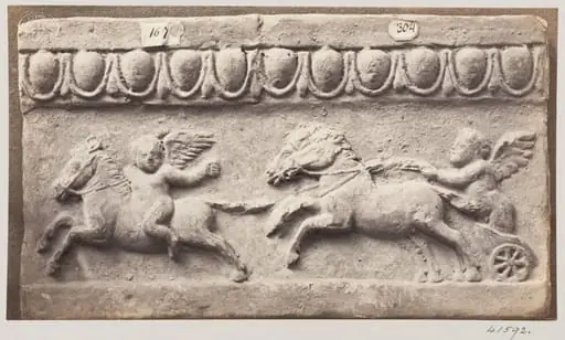 Bas-relief of a portion of a frieze in terra cotta depicting winged cupids and chariot and horses, by Louise Laffon