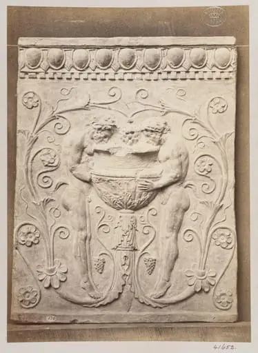 Bas-relief of a portion of a frieze showing two satyrs and a vessel in terra cotta, by Louise Laffon
