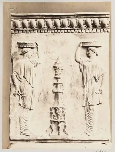 Bas-relief of a portion of a frieze with a thymiaterion and two temple slave females carrying baskets in terra cotta, by Louise Laffon