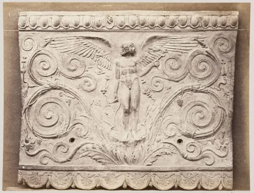 Bas-relief of a portion of frieze of Eros with scrollwork in terra cotta, by Louise Laffon