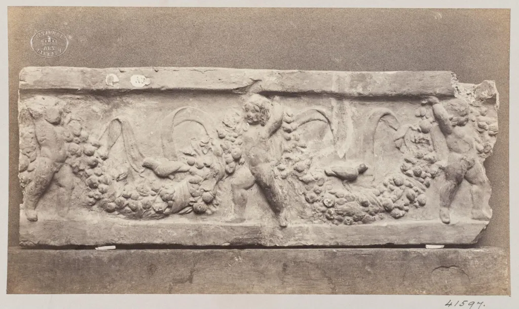 Bas-relief of Cupids with garlands in terra cotta, by Louise Laffon, photographic, 1864