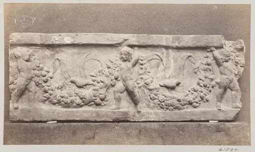 Bas-relief of Cupids with garlands in terra cotta, by Louise Laffon
