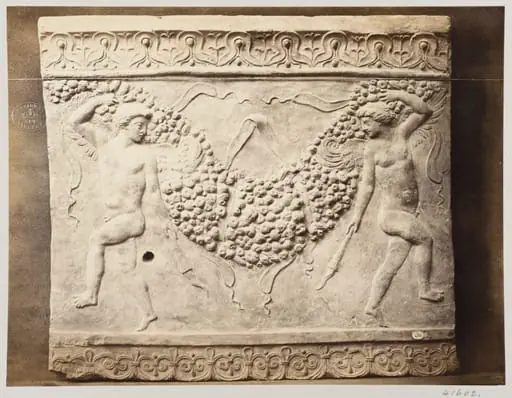 Bas-relief of portion of frieze of dancing figures with torches bearing festoon of fruit in terra cotta, by Louise Laffon