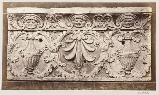 Bas-relief of portion of frieze with acanthus ornament enclosing vases and honesuckle in terra cotta, by Louise Laffon