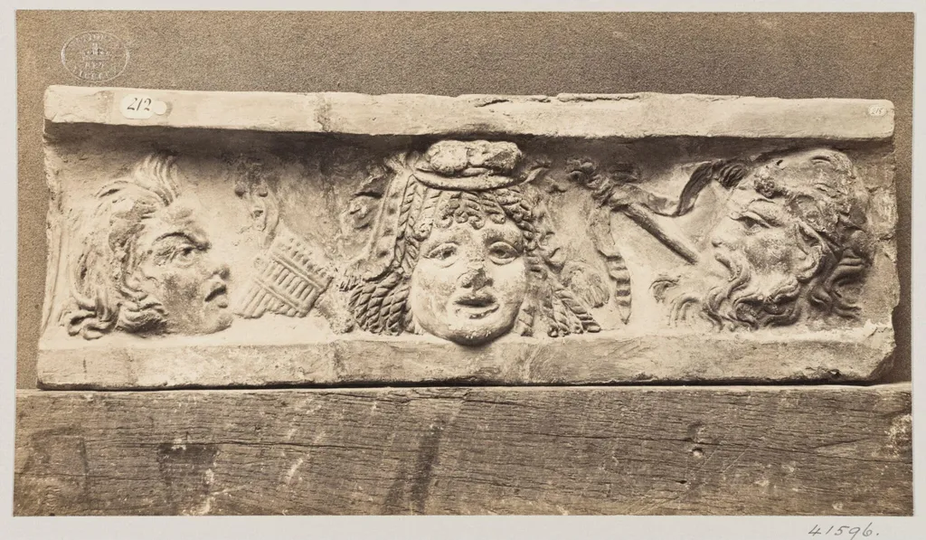 Bas-relief of three masques in terra cotta, by Louise Laffon, photographic, 1864