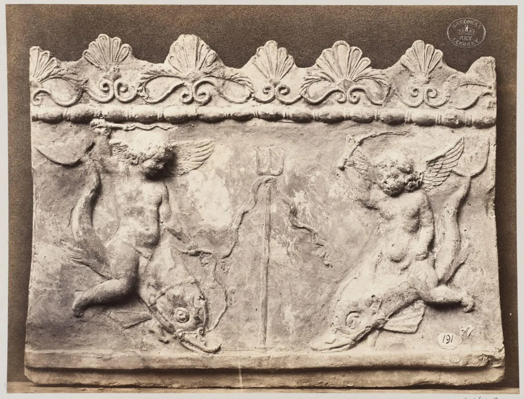 Bas-relief of two figures of Neptune in terra cotta, by Louise Laffon, photographic, 1864