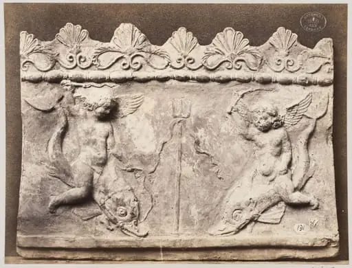 Bas-relief of two figures of Neptune in terra cotta, by Louise Laffon