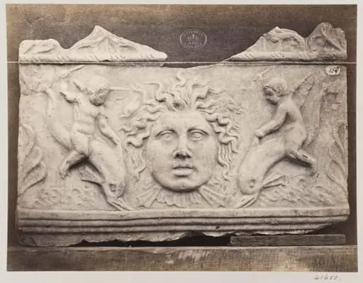 Bas-relief of two sea genies in terra cotta, by Louise Laffon