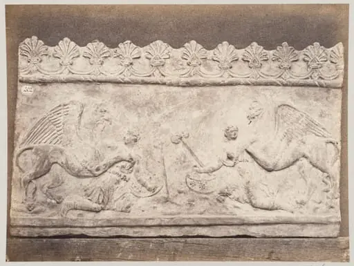 Bas-relief portion of a frieze of a battle with griffons and amazons in terra cotta, by Louise Laffon