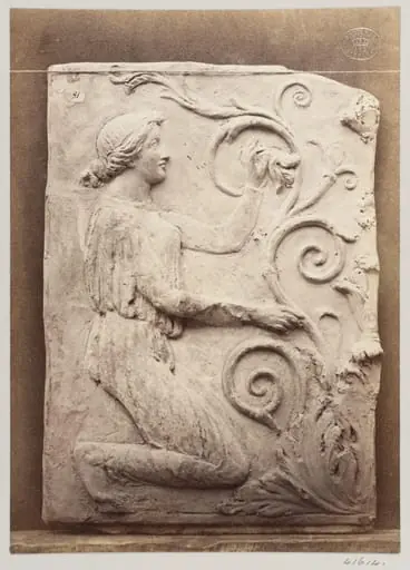Bas-relief portion of a frieze of a female figure and foliage in terra cotta, by Louise Laffon
