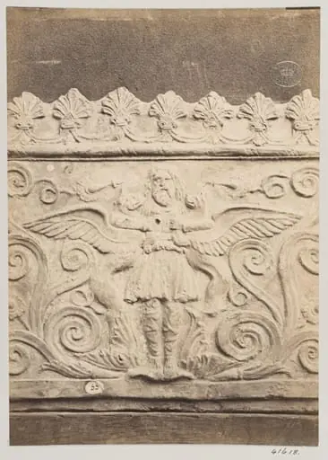 Bas-relief portion of a frieze of a flying genie in terra cotta, by Louise Laffon