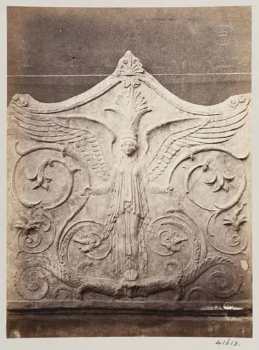 Bas-relief portion of a frieze of a winged figure with foliage in terra cotta, by Louise Laffon
