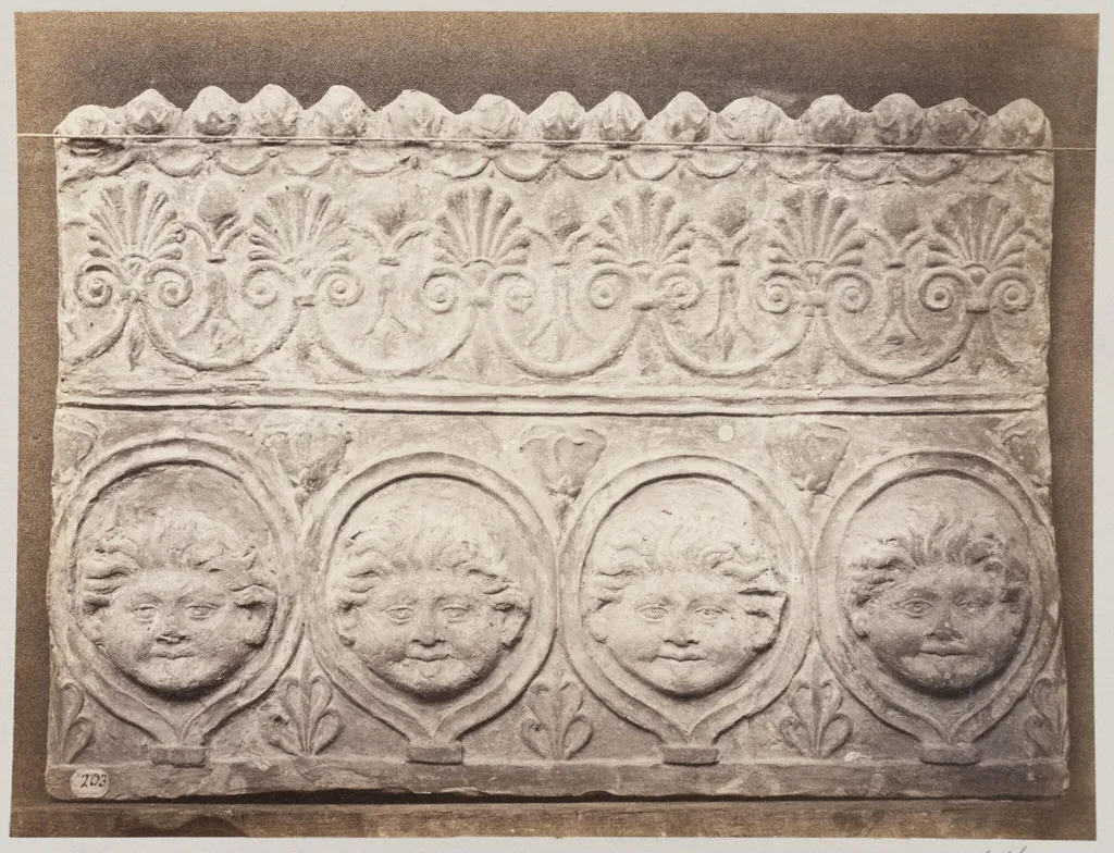 Bas-relief portion of a frieze of four masked young satyrs in terra cotta, by Louise Laffon, photographic, 1864