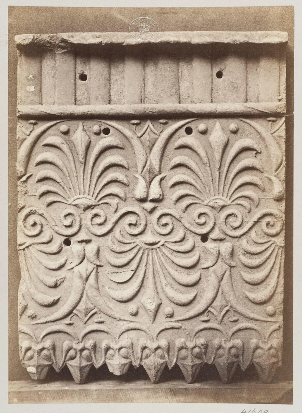 Bas-relief portion of a frieze of honeysuckle in terra cotta, by Louise Laffon, photographic, 1864