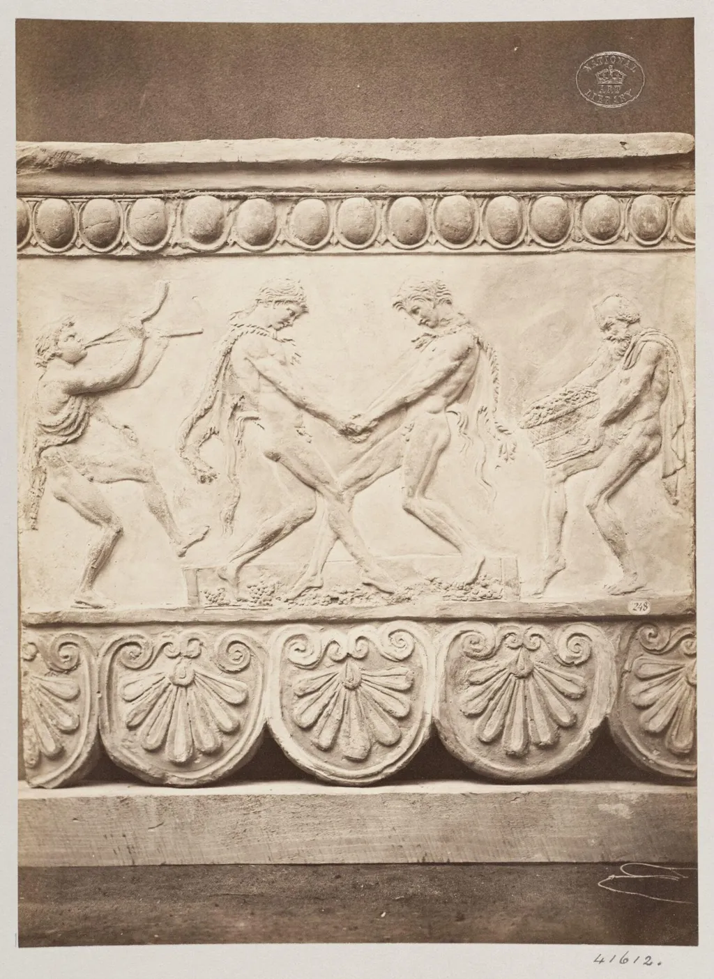 Bas-relief portion of a frieze of Satyrs treading the wine press in terra cotta, by Louise Laffon, photographic, 1864