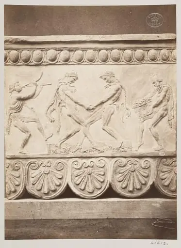 Bas-relief portion of a frieze of Satyrs treading the wine press in terra cotta, by Louise Laffon