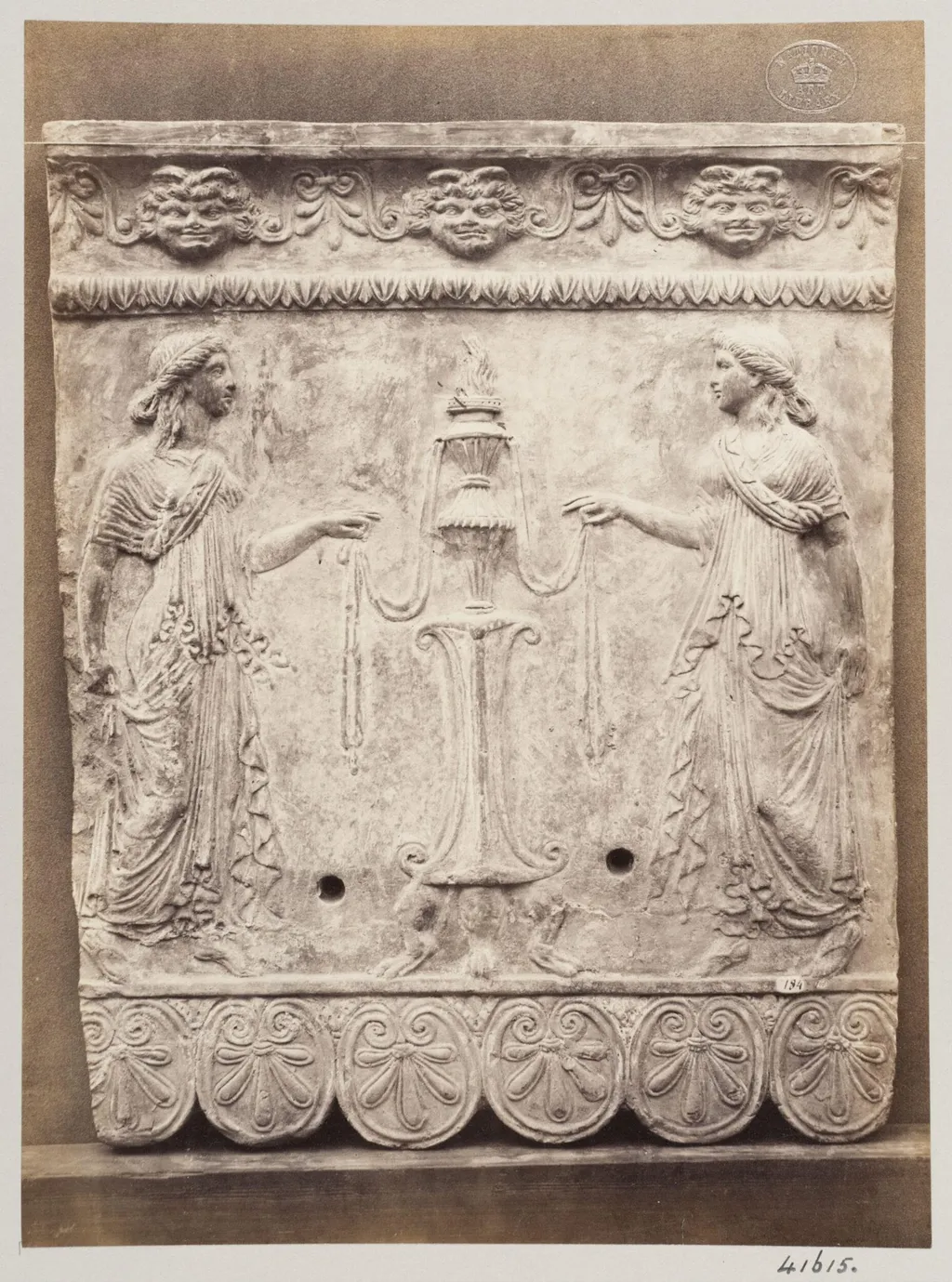 Bas-relief portion of a frieze of two draped females and an altar in terra cotta, by Louise Laffon, photographic, 1864