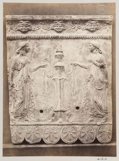 Bas-relief portion of a frieze of two draped females and an altar in terra cotta, by Louise Laffon