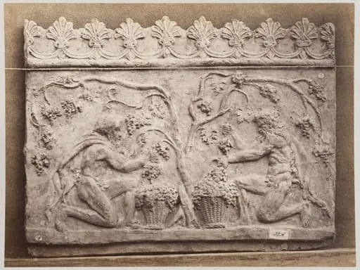 Bas-relief portion of a frieze of two satyrs in terra cotta, by Louise Laffon