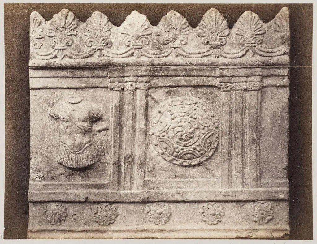 Bas-relief portion of a frieze of with trophies in terra cotta, by Louise Laffon, photographic, 1864
