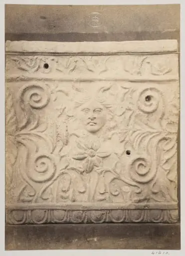 Bas-relief portion of a frieze with a mask in terra cotta, by Louise Laffon