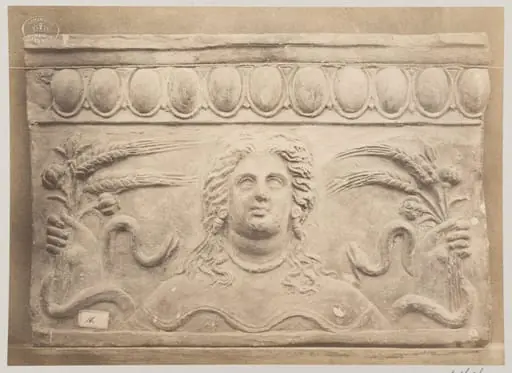 Bas-relief portion of frieze, Bust of Ceres and ears of corn, terra cotta, by Louise Laffon